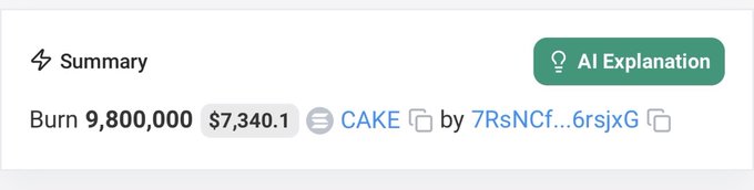 A cryptocurrency transaction summary showing a burn of 9,800,000 tokens valued at $7,340.1 in CAKE by user 7RsNCf...6rsjxG, with an 'AI Explanation' button.