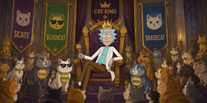The image is a cartoon parody styled like *Rick and Morty*'s Rick, wearing a crown and lab coat, seated on a throne labeled "CAT KING," surrounded by cats representing three crypto tokens: $CATE, $CASHCAT, and $BASECAT, each displayed on banners behind him. He holds a scepter and wears a shirt reading "CAT KING," with his "royal court" of cats (some tagged $CATE, $CASHCAT, $BASECAT) filling the foreground, visually reinforcing the post's brag about being the "multichain cat king" with successful memecoin calls across Solana, Robinhood, and Base, while seeking new cat memes for BNB Chain.