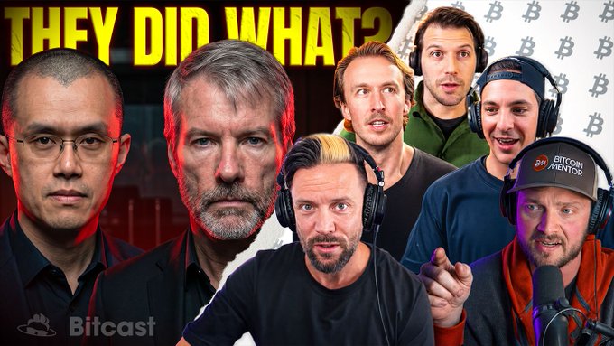 A YouTube thumbnail titled "THEY DID WHAT?" features a collage of podcast hosts alongside Michael Saylor and Changpeng Zhao (CZ), promoting a Bitcast live stream warning viewers not to trust institutions and teasing an upcoming discussion involving Joey, Walker, and Brandon starting in 30 minutes.