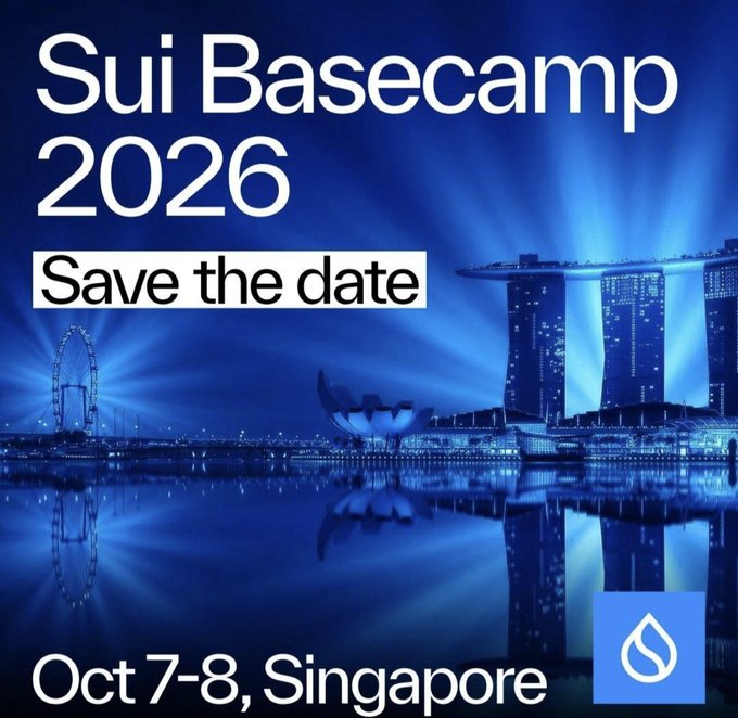 Promotional graphic for Sui Basecamp 2026 with a blue-tinted Singapore skyline featuring Marina Bay Sands and the Singapore Flyer, announcing the event dates as October 7-8 in Singapore with "Save the date" text and the Sui Network logo.