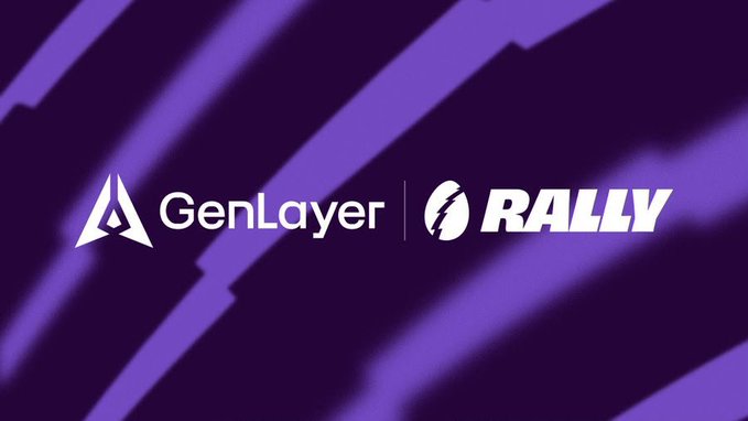 A purple banner displaying the GenLayer logo alongside the RALLY logo, indicating a partnership or collaboration between the two.