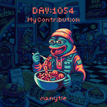 Pixel art illustration of a Pepe-style character wearing a beanie and glasses, eating from a bowl of noodles, with text reading 'DAY: 1054 MyContribution' and the username 'manytle' at the bottom.