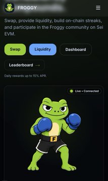A mobile interface for a 'FROGGY' cryptocurrency app featuring Swap, Liquidity, and Dashboard tabs, with a cartoon frog wearing boxing gloves and text about Sei EVM and Leaderboard rewards.