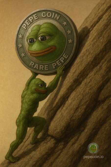 This artwork features a muscular Pepe the Frog character struggling to push a giant coin labeled "PEPE COIN RARE PEPE" up a rocky incline, symbolizing perseverance in the crypto space.