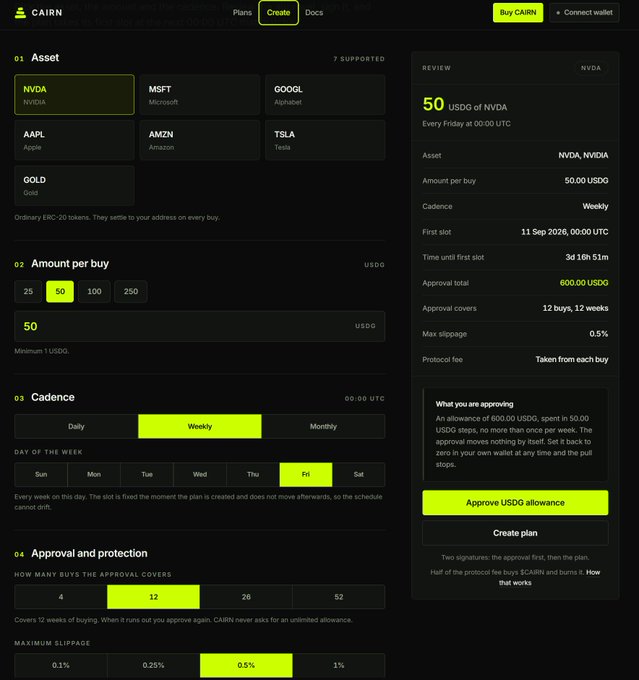 A screenshot of the CAIRN platform showing a plan creation interface for buying NVIDIA (NVDA), with a $50 weekly purchase on Fridays, approving 600.00 USDC with 0.5% maximum slippage.