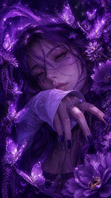 A digital artwork of a woman with long dark hair and purple nails, surrounded by purple flowers and glowing purple butterflies, bathed in a violet color palette.