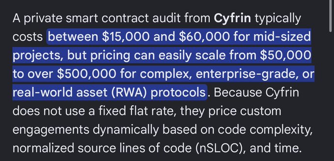 The image highlights the cost of a private smart contract audit from Cyfrin, noting that mid-sized projects typically pay between $15,000 and $60,000, while complex, enterprise-grade, or RWA protocols can cost from $50,000 to over $500,000, with pricing based on complexity, nSLOC, and time. This emphasizes the post's point that securing a Cyfrin audit signals the team has significant financial resources, as most projects cannot easily afford such expensive, high-quality audits.