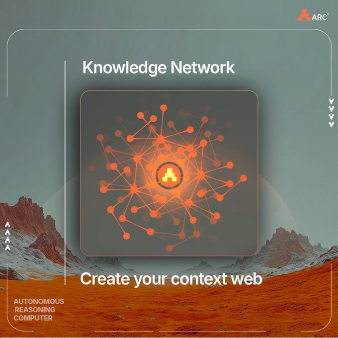 A promotional graphic for ARC's 'Knowledge Network' featuring an orange network node diagram with the tagline 'Create your context web' set against a Mars-like landscape, labeled as 'Autonomous Reasoning Computer.'
