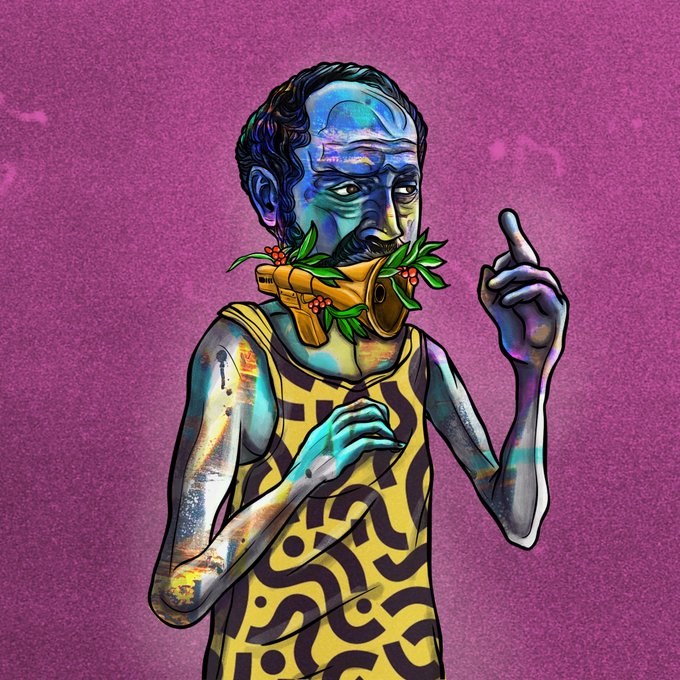 A vibrant digital illustration depicts a stylized blue-skinned figure with a beard made of green leaves and berries, wearing a golden saxophone across the mouth and a yellow patterned tank top, holding up a finger against a textured purple background. The artwork's playful, artistic style complements the post announcing the user's excitement about joining the Funkari NFT alpha group with the community.