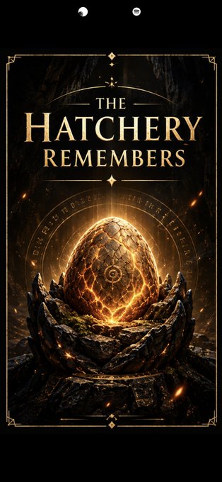 A book cover titled 'THE HATCHERY REMEMBERS' depicting a glowing dragon egg held by dark claws.