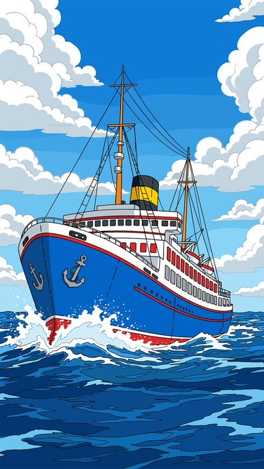 An illustrated scene of a blue and white steamship with red trim sailing through choppy ocean waves under a partly cloudy sky.