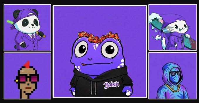 A collage of NFT-style cartoon characters on a purple background, with the central character being a purple frog wearing a black hoodie with the word "BOINK" on it.
