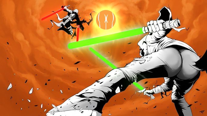 A Star Wars-themed digital illustration depicting a dramatic lightsaber duel between a Sith figure with a red saber and a character wielding a green lightsaber, set against a swirling orange background.