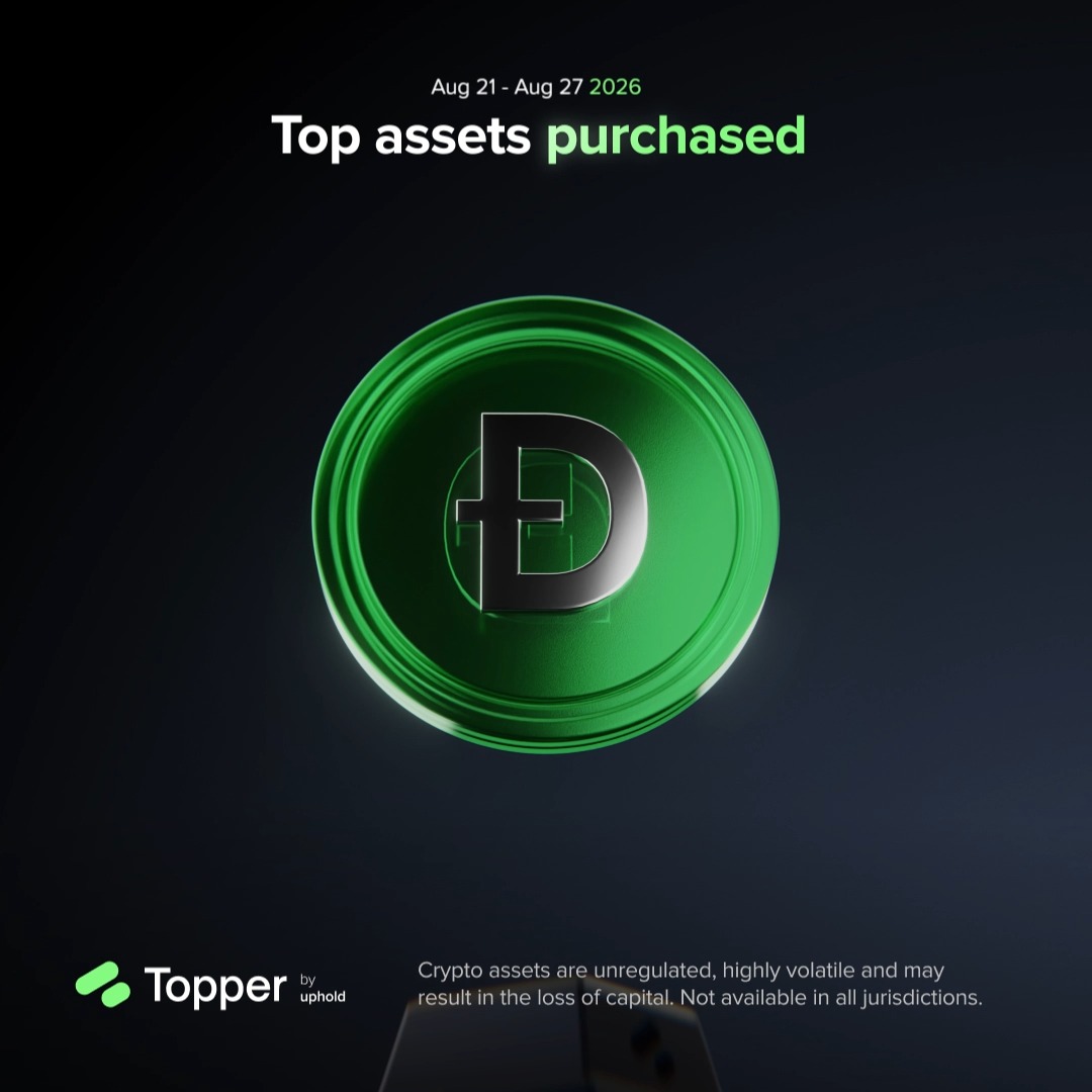 A promotional graphic for Topper by Uphold highlights the Top assets purchased during Aug 21 - Aug 27 2026, featuring a large green 3D coin with a "D" logo (likely DOGE) against a dark background, along with a disclaimer that crypto assets are unregulated and volatile.
