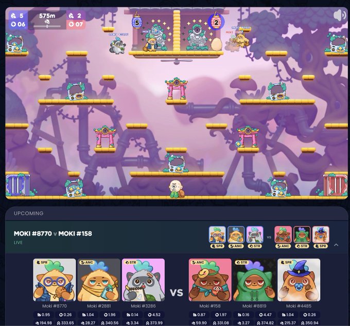 This image shows a live gameplay screenshot from Moki Mayhem, featuring Moki #8770 vs. Moki #158, with predictions available on the Moku Discord.