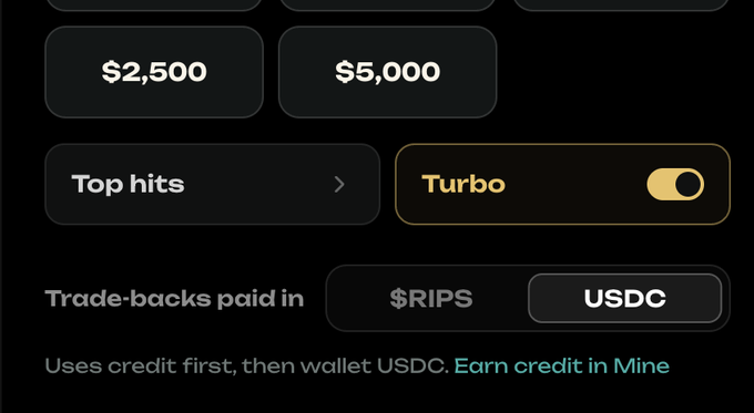 A dark interface panel showing payment options including $2,500 and $5,000 amounts, a 'Top hits' menu, a yellow 'Turbo' toggle switched on, and 'Trade-backs paid in' set to $RIPS or USDC.