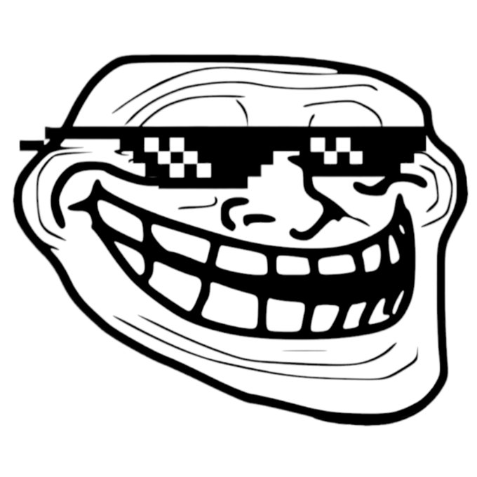 Caption: A black and white illustration of a classic "Trollface" meme wearing pixelated, glitchy sunglasses with a wide, mischievous grin.