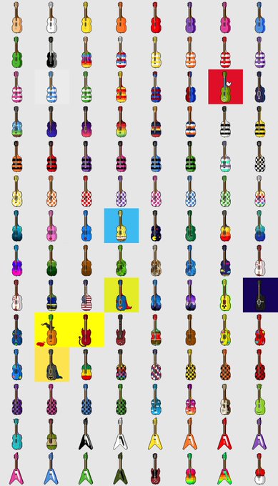 A grid pattern featuring various colorful, patterned, and solid-colored guitars, ukuleles, and basses against a light gray background.