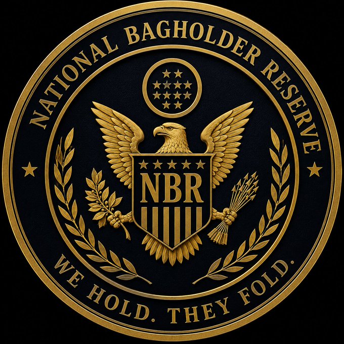 A gold and black emblem styled like a government seal, labeled 'NATIONAL BAGHOLDER RESERVE' and 'NBR', with the slogan 'WE HOLD. THEY FOLD.' and an eagle holding olive branches and arrows.