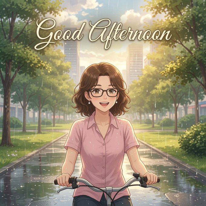 An anime-style illustration of a woman with glasses on a bicycle under the text 'Good Afternoon', with rain falling and a sunny park/cityscape behind her.