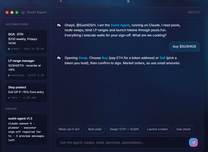A screenshot of the 'Sushi Agent' interface running on Claude, showing automations like 'DCA - ETH' and an LP range manager for SUSH/ETH.