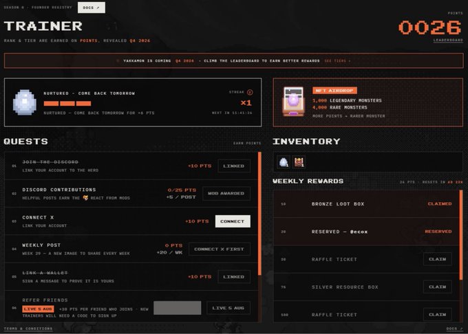 A dark-themed digital interface titled "TRAINER" shows a Season 0 Yakkamon registry dashboard with 0026 points, featuring quests (Discord, Connect X, Weekly Post, Link-a-Wallet) and inventory rewards like Bronze Loot Box and Raffle Tickets, tied to the NFT airdrop campaign using invite code RONIN26.