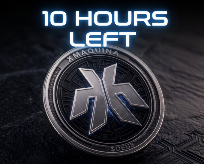 The image features a silver coin with an XKQIAUNA logo, which is a symbol for the Kucoin cryptocurrency. The text "10 HOURS LEFT until $DEUS TGE!" indicates that there are ten hours left before the Kucoin cryptocurrency goes live on the internet. This post is about Kucoin and its upcoming launch.