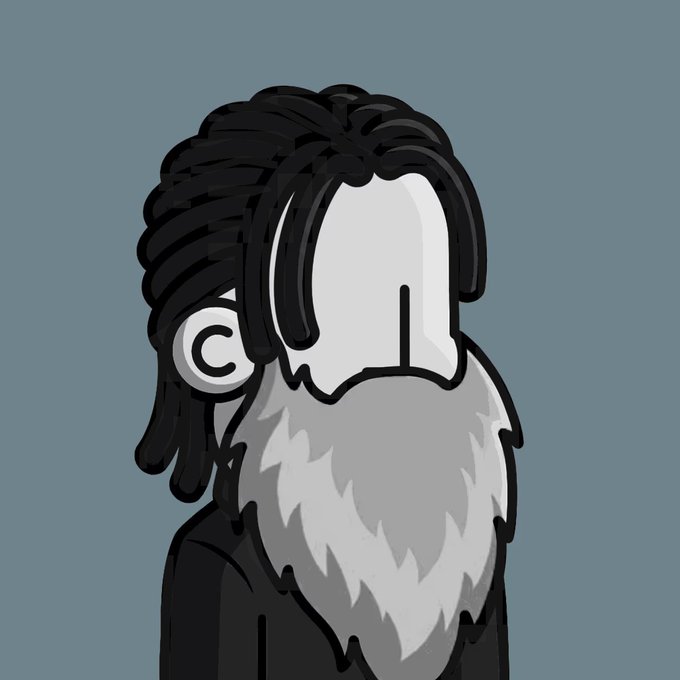 An illustrated character with dreadlocks, a large gray beard, and a prominent nose looks downward against a gray background.