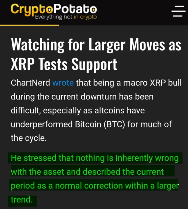 A screenshot from CryptoPotato showing an article titled "Watching for Larger Moves as XRP Tests Support," with a highlighted section emphasizing analyst ChartNerd's claim that nothing is inherently wrong with XRP and that the current dip is just a normal correction—directly reinforcing the post's message that "$XRP is NOT broken."