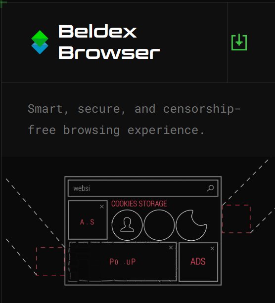A promotional graphic for 'Beldex Browser' advertising a 'Smart, secure, and censorship-free browsing experience' with a stylized website interface.