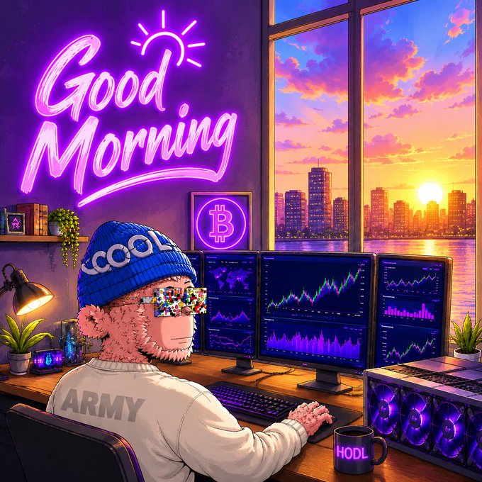 An illustrated crypto trader wearing a 'COOL' beanie and 'ARMY' jacket sitting at a multi-monitor setup with a 'Good Morning' neon sign and 'HODL' mug.