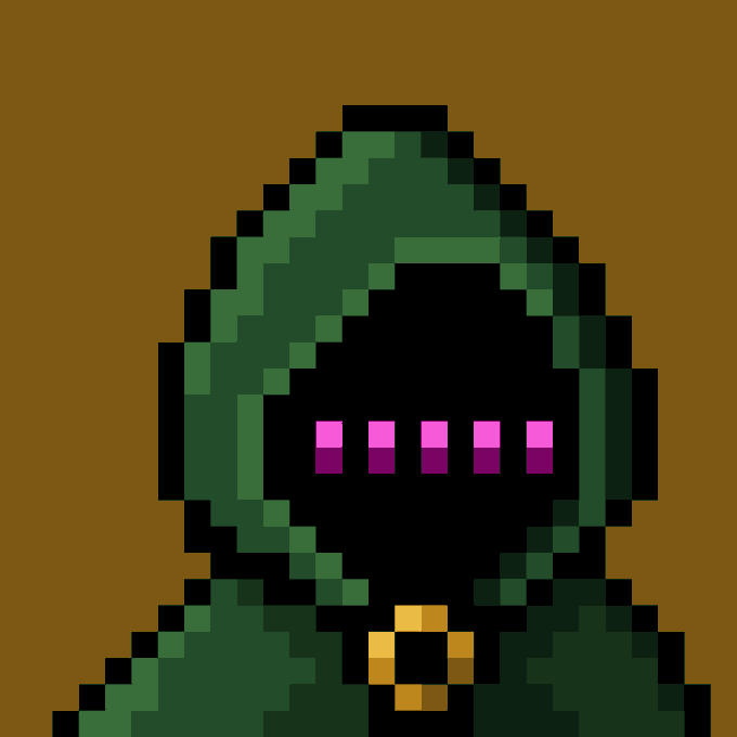 A pixel art depiction of a figure in a dark green hood with glowing pink rectangular eyes and a yellow emblem on their chest.