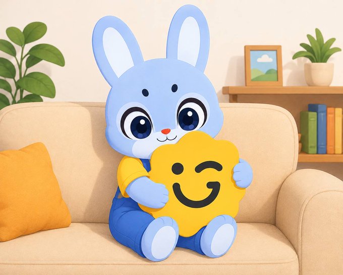 The blue bunny mascot, Max, from Giggle, holds a yellow smiley face while sitting on a couch. This image relates to the post by showcasing the project's mascot, Max, which is highlighted as having viral potential.