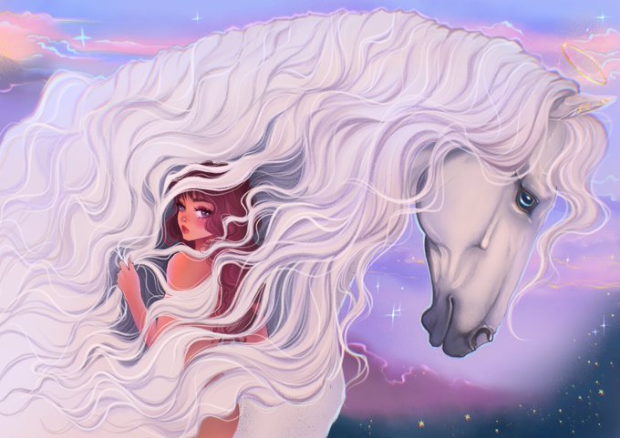 A magical illustration features a young woman with flowing hair nestled within the cascading white mane of an ethereal horse, set against a dreamy purple and pink sky sprinkled with stars. The artwork titled "In a secure embrace" embodies the tender, protective bond between the girl and her majestic steed.