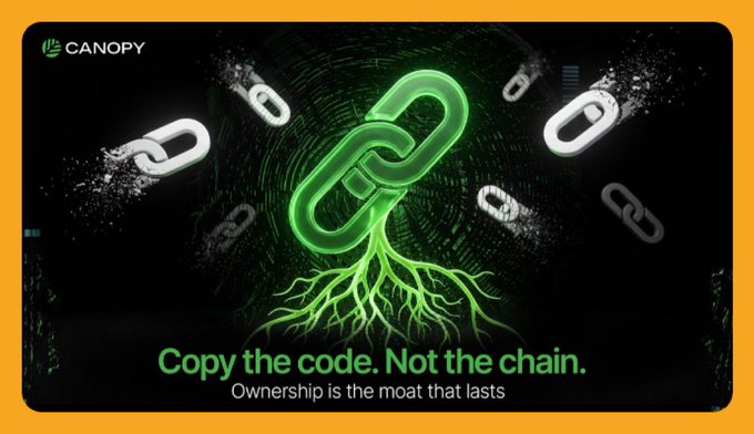 A promotional graphic for Canopy featuring a glowing green chain link transforming into tree roots against a black background, with broken chain links flying away, accompanied by the tagline 'Copy the code. Not the chain.' and the subtitle 'Ownership is the moat that lasts'.