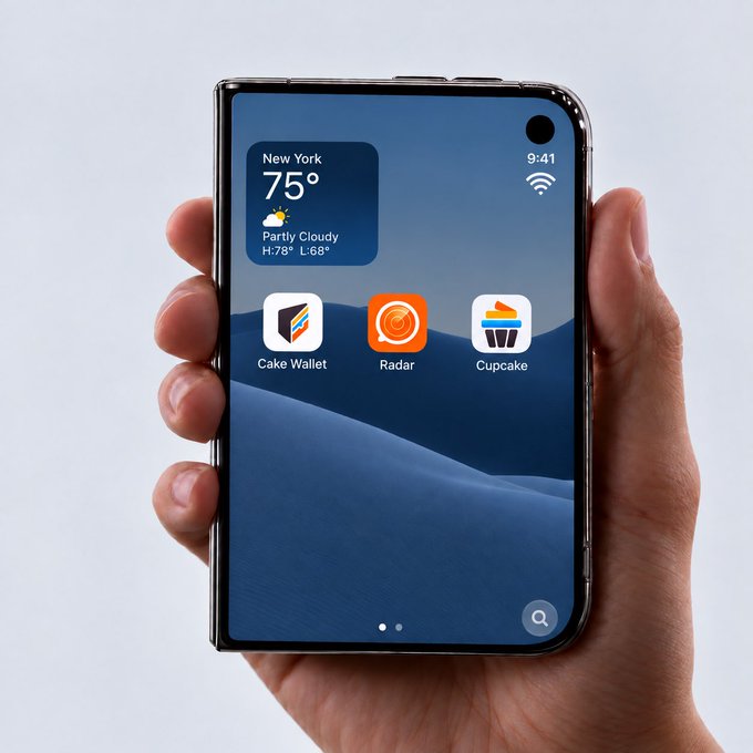A hand holding a Samsung Galaxy smartphone displaying a home screen with New York weather widget showing 75° partly cloudy, along with app icons for Cake Wallet, Radar, and Cupcake on a blue sand dune wallpaper.