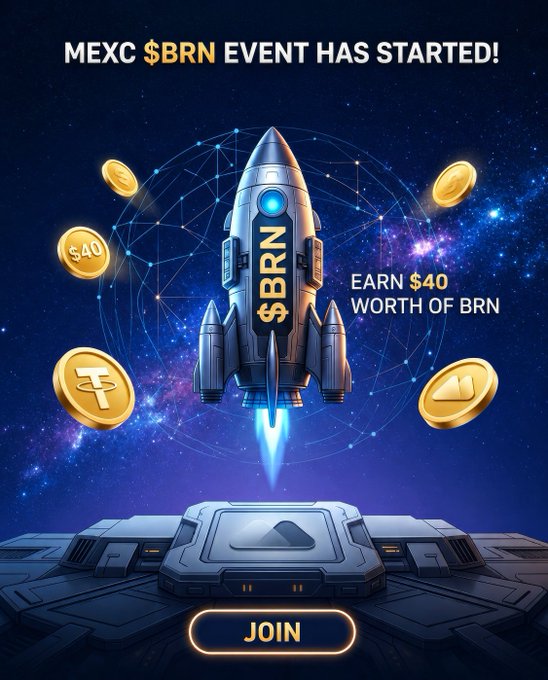A promotional graphic announces the "MEXC $BRN EVENT HAS STARTED!" featuring a rocket ship labeled "$BRN" lifting off against a cosmic background with coins showing "$40," while a "JOIN" button at the bottom invites users to earn $40 worth of BRN, aligning with the post's call to participate in the MEXC x $BRN campaign for BRN and USDT rewards.