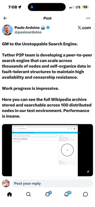 A screenshot of a X.com post by Paolo Ardoino (@paoloardino) announcing that the Tether P2P team is developing a peer-to-peer search engine capable of scaling across thousands of nodes, with a demo showing the full Wikipedia archive searchable across 100 distributed test nodes.