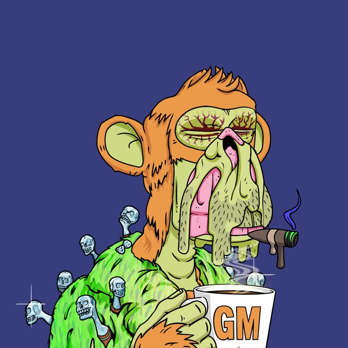 A cartoon illustration of a disheveled orange monkey smoking a cigar and drinking from a mug labeled 'GM', with skulls growing out of its green fur.