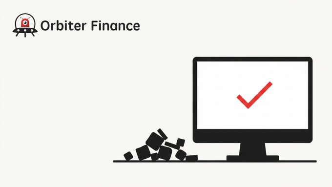 The image shows the Orbiter Finance logo alongside an illustration of a computer monitor displaying a red checkmark, while broken boxes and debris lie piled next to it—visually representing the post's metaphor of an RPC endpoint that silently returns confidently wrong data without any error or warning.
