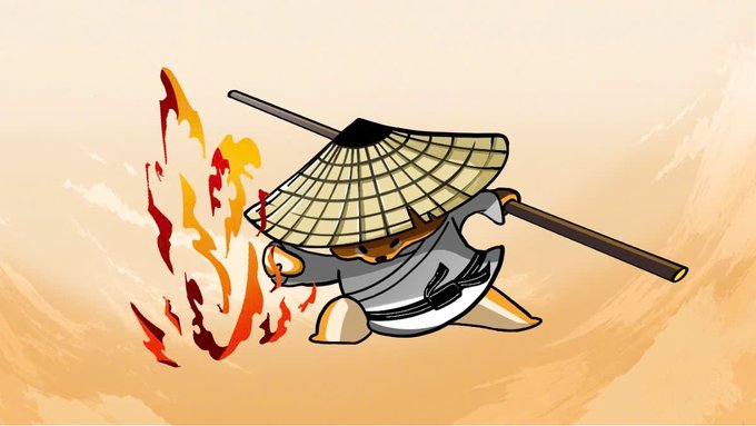 The image features a cartoon character dressed as a ninja, wearing a white outfit with a brown hat that has a black stripe down the middle. The character holds a stick or pole in their hand, which they are using for combat. The background of the image is orange and yellow, creating an intense atmosphere. The caption to the image reads: "Master the DOGE within you @DogeOS". This phrase refers to the idea that one should always strive to improve themselves by learning new skills or knowledge, just like a dog learns tricks from its master.