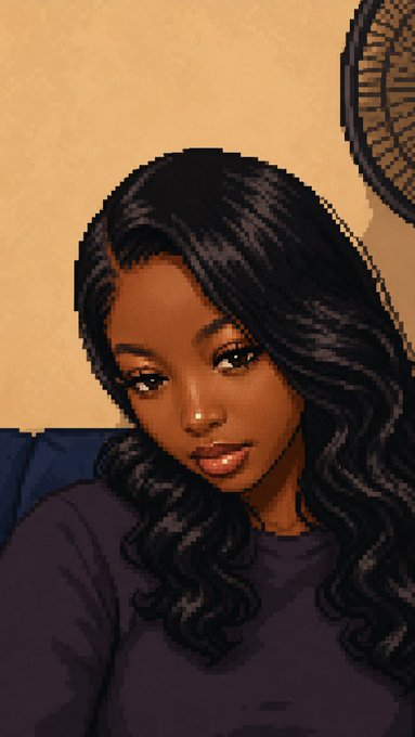 A pixel art portrait of a young woman with long dark wavy hair wearing a dark top, positioned against a beige wall with a circular woven decoration in the background.