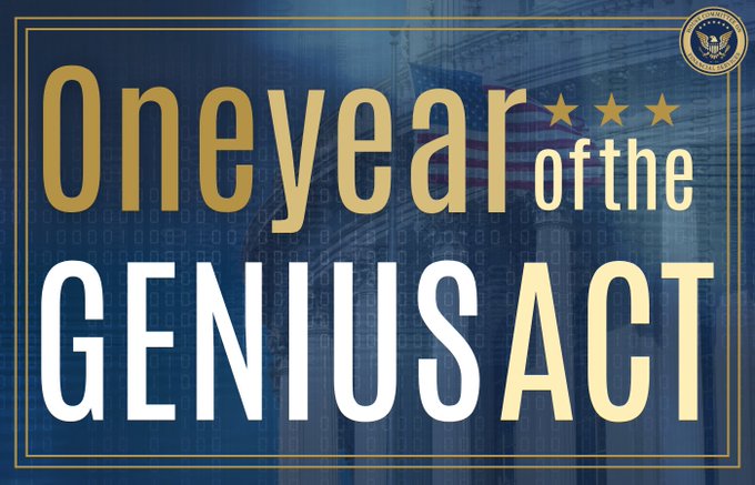 The image commemorates "One Year of the GENIUS ACT" with a backdrop of the U.S. Capitol building and an American flag. The text highlights the law's role in establishing a federal framework for payment stablecoins and fostering leadership in digital assets.