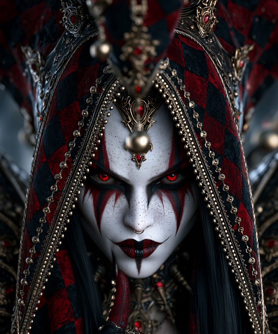A detailed digital illustration of a menacing jester or harlequin figure with white face paint, red and black checkered hood, and piercing red eyes.