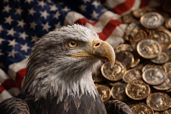 A bald eagle is pictured in front of an American flag and a pile of gold coins, symbolizing U.S. authorities' large-scale seizure of over $25 million in cryptocurrency as part of more than $800 million recovered by the Scam Center Strike Force.