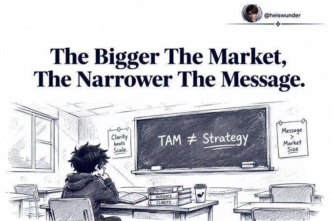 An illustrated post by @heiswunder featuring the quote 'The Bigger The Market, The Narrower The Message' alongside a classroom scene with a chalkboard reading 'TAM ≠ Strategy' and signs stating 'Clarity beats Scale' and 'Message > Market Size.'