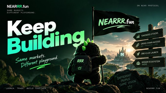 A promotional banner for NEARRR.fun on NEAR Protocol featuring a black furry mascot with a 'RRR' backpack, a flag, and features like 'Tokenized Stocks,' 'Cross-Chain Access,' 'One-Click Launch,' and 'Bigger Ecosystem Ahead' with the tagline 'Keep Building: Same markets. Different playground.'