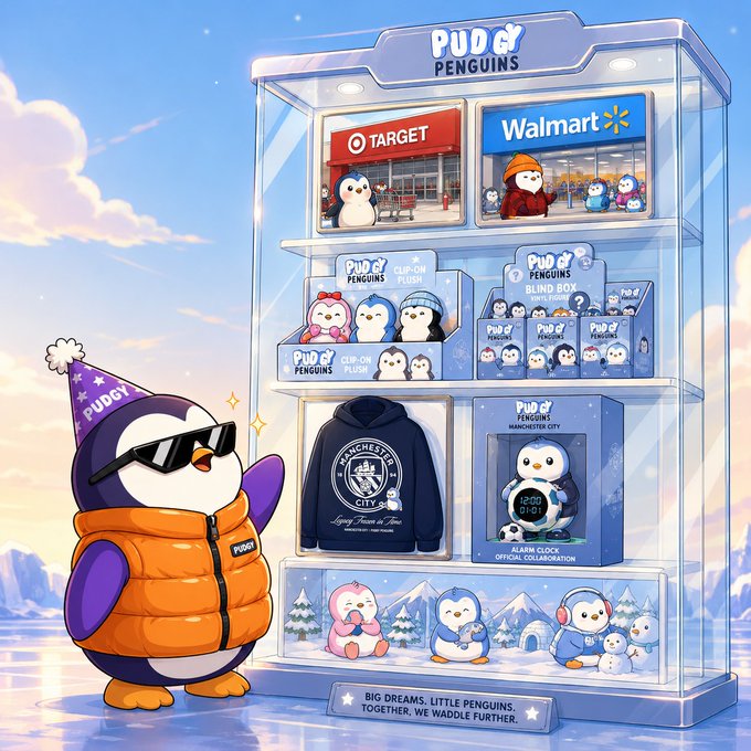 A penguin character wearing a party hat and sunglasses stands beside a retail display showcasing Pudgy Penguins merchandise, including figurines, blind boxes, and a Manchester City hoodie, with Target and Walmart storefronts featured prominently and the tagline "Big dreams. Little penguins. Together, we waddle further." The image visually reinforces the post's claim by depicting Pudgy Penguins as a fully realized mainstream IP with products on the shelves of major retailers.