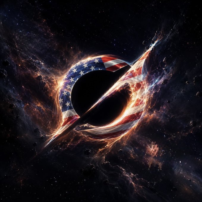 A cosmic black hole is wreathed in an American flag pattern, symbolizing deep national themes as the post's "JUST GROK IT!" tagline humorously commands viewers to simply understand and absorb the powerful imagery.