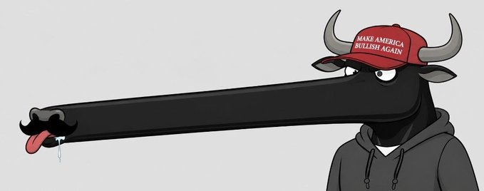 A cartoon illustration of a man in a black hoodie with an impossibly long, stretched-out face/nose, drooling, wearing a red MAGA-style cap reading 'MAKE AMERICA BULLISH AGAIN'.